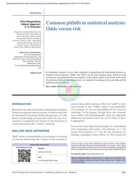 Common pitfalls in statistical analysis: Odds versus risk.